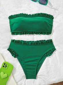 SHEIN 2-Piece Sexy Solid Color Flounce Trim Bandeau Bikini Set For Summer Vacation - Dark Green - View 2