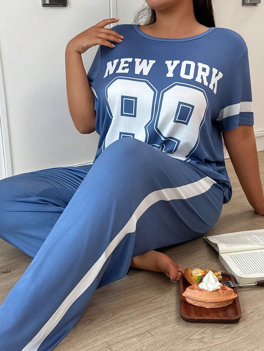 Plus Size Women Casual Number Letter Print Top & Pants Pajama Set - Baby Blue - View 1