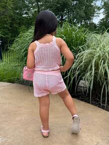 SHEIN Pink Hollow-Out Knit Top And Shorts Set For Young Girl - Pink - View 3