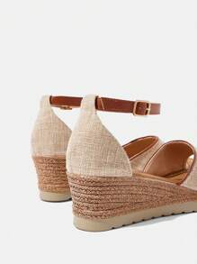 Styleloop Women's Platform Espadrille Rope Wedge Sandals, Linen Fabric, Thick Sole, Buckle Strap, Fashion Roman Style For Summer - Apricot - View 5