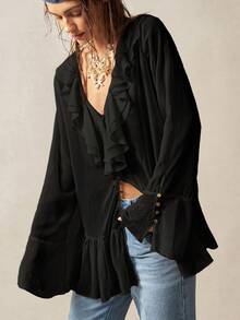 Bohemela 纯色雪纺荷叶边宽松长袖女式衬衫 - 黑色 - 查看 4