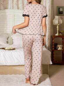 CottageSlumber 2 件女士波尔卡圆点蕾丝蝴蝶结饰 V 领短袖上衣和裤子睡衣套装女士睡衣女士睡衣套装女士睡衣套装睡衣波尔卡圆点睡衣套装丰盛花卉华丽 - 杏色 - 查看 2