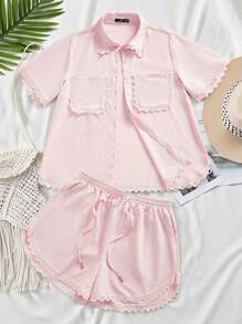 SHEIN MOD Neuer Sommerzugang, Große Größen Pink einfarbiges Lässig Shirt Zweiteiler, Urlaubsfreizeitanzug Jacke-Stil Shirt Set, Leinen Zweiteiler, Zweiteiler Sommeroutfits, Zweiteiler Sets, Damen Zweiteiler Sets - Babypink - Übersicht 1