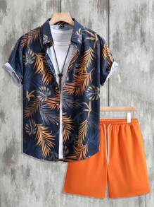 Manfinity RSRT 男士夏威夷热带植物印花短袖衬衫和短裤休闲西装男士热带印花衬衫男士热带服装，度假装珊瑚夏威夷度假服装，舒适服装 - 彩色 - 查看 3