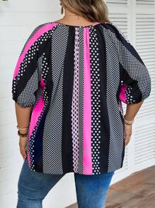 SHEIN CURVE+ Blusa plus size casual listrada em blocos de cores para férias de verão/campo/praia. - Multicolorido - Ver 4