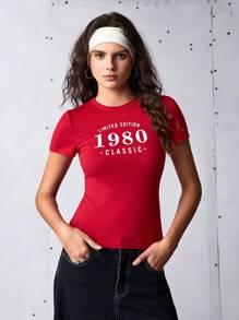 SHEIN Sports 女式街头风格休闲字母印花修身短款T恤 - 紅色 - 查看 3