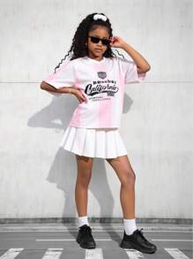 SHEIN Explorewe Camiseta de niña preadolescente con estampado y ribete a rayas con hombros caídos - Rosa - Ver 1