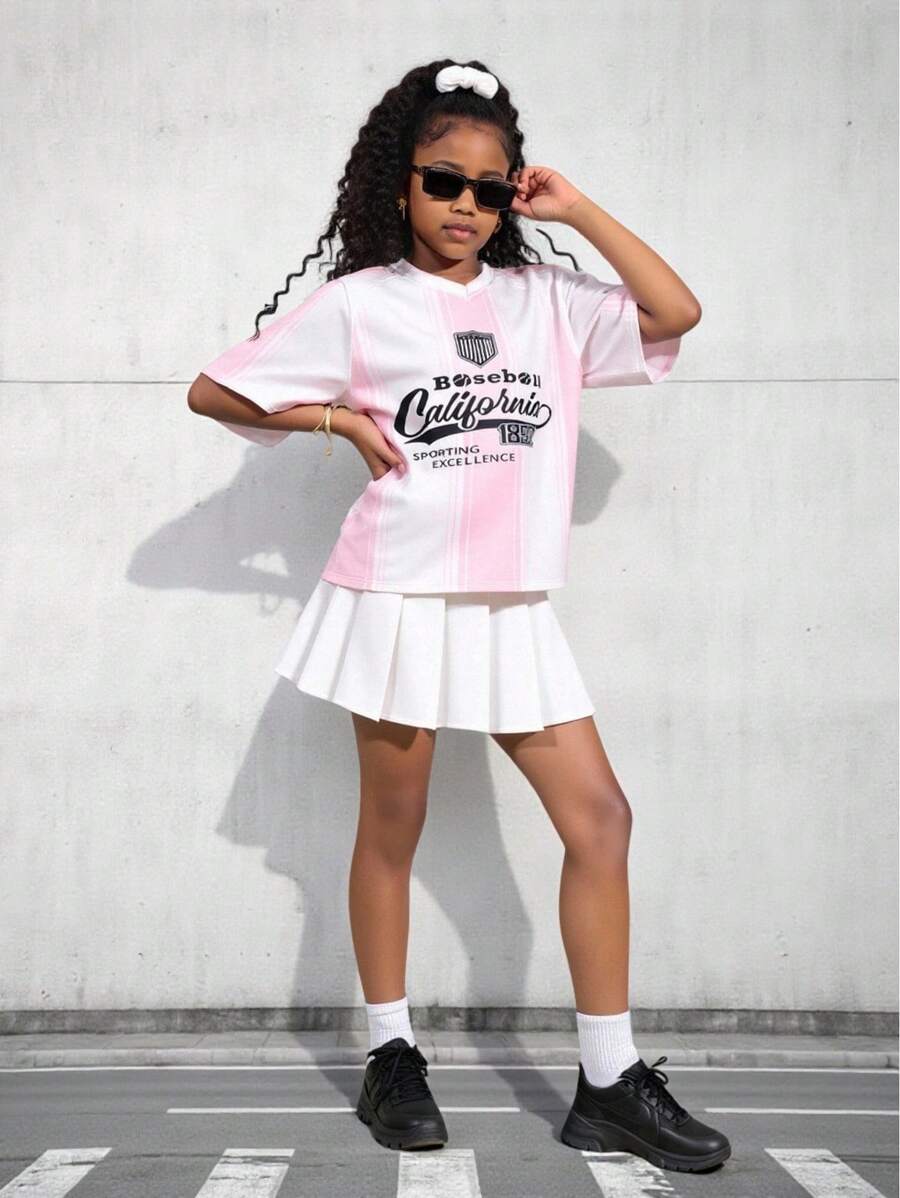 SHEIN Explorewe Camiseta de niña preadolescente con estampado y ribete a rayas con hombros caídos - Rosa - Ver 1