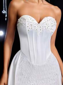 Glamrae 复古优雅仿古白色双领鱼骨紧身胸衣，配有可调节后系带，美人鱼下摆，适合正式场合、婚礼 - 白色 - 查看 8