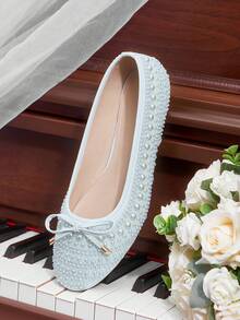 CUCCOO HITCHD Cute White Bow Pearls Round Toe Flats, Comfortable Casual Slip-On Shoes For Women, Suitable For Commute, Dates And Shopping - Baby Blue - View 12