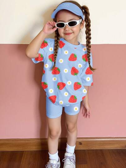 SHEIN Leap Crew Happikins Young Girl Casual Simple Short Sleeve Top And Shorts 2 Pieces Set, Summer Outfit