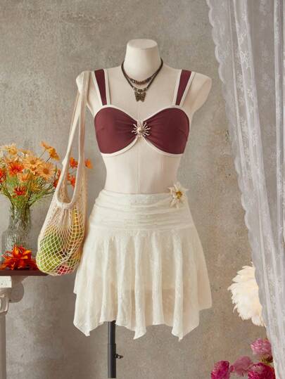 SHEIN Swim 女士度假海滩拼色荷叶边泳衣上衣