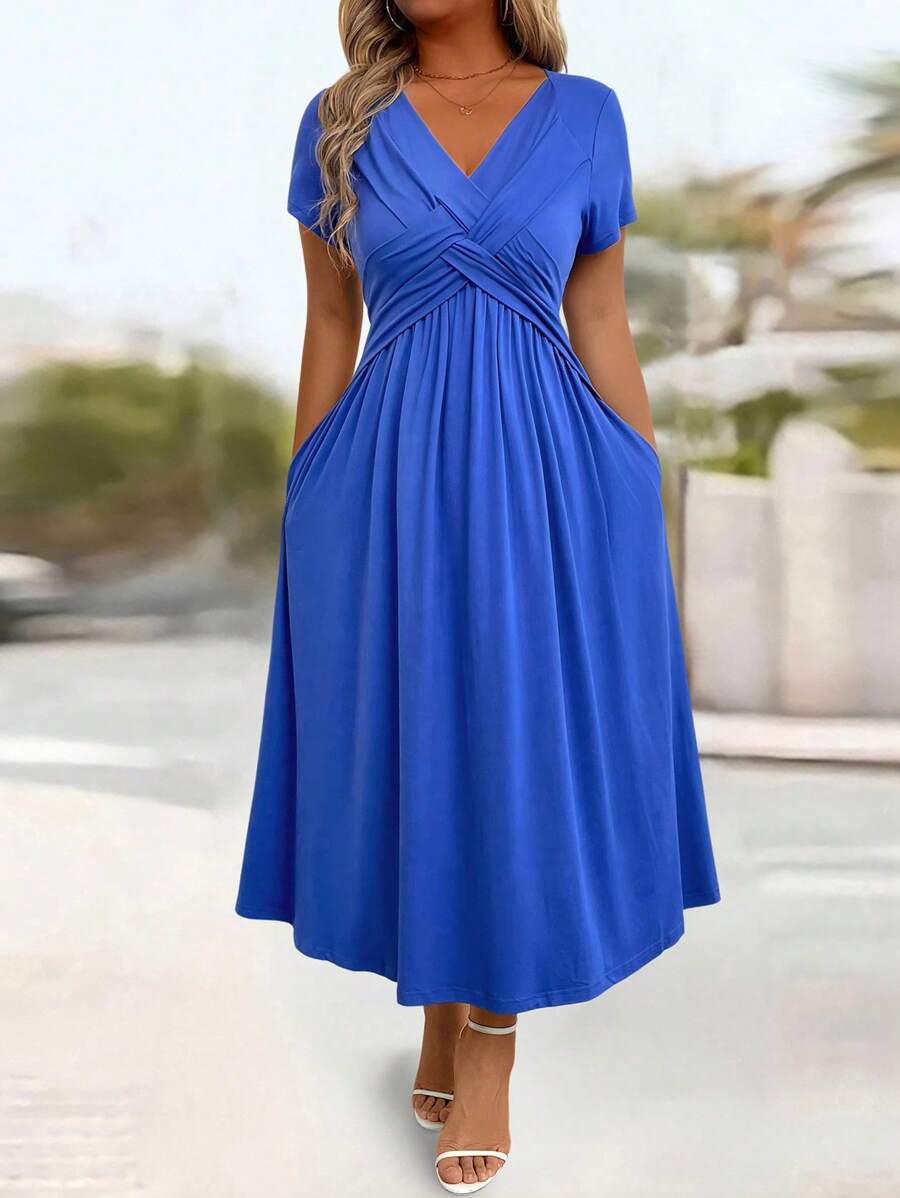 EMERY ROSE Halloween Women's Elegant Cable Twist Knot Dress, Casual & Commuting, A-Line Silhouette, Flattering, Slimming Blue Dress Women V-Neck Blue Dress - Royal Blue - View 1