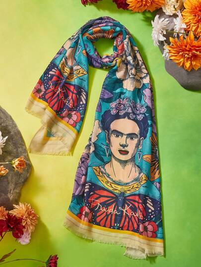 Frida Kahlo X SHEIN Fashionable Soft Lightweight Women Long Scarf 70*180 Cm,Suitable For Styling, Outdoor Sun Protection, Vacation, Photo Shoot, Gift, Floral Design,Summer Outfits, Spring Outfits,Beach, Vacation, Flower