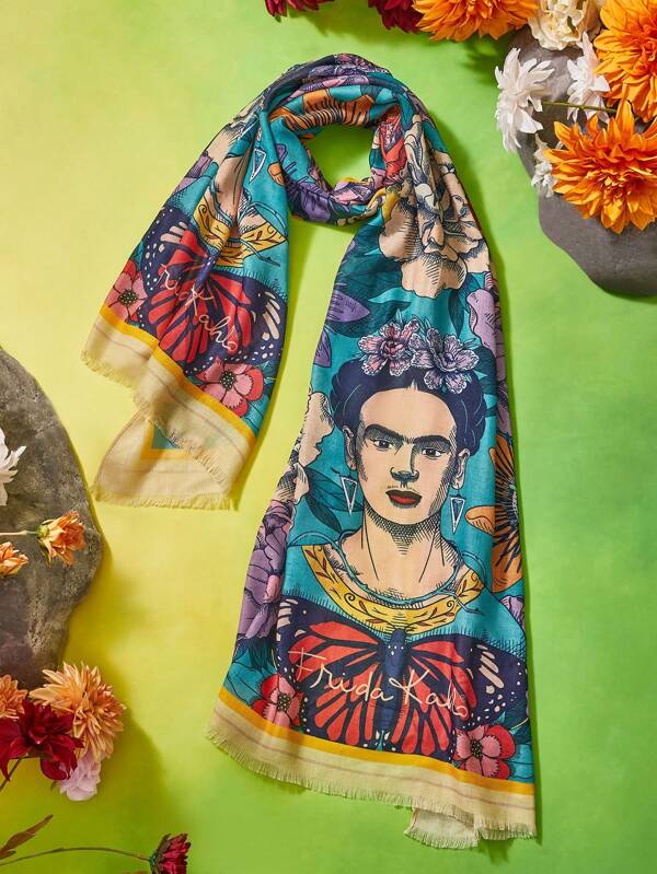 Frida Kahlo X SHEIN Fashionable Soft Lightweight Women Long Scarf 70*180cm,Suitable For Styling, Outdoor Sun Protection, Vacation, Photo Shoot, Gift, Floral Design