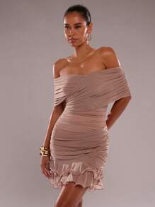 SHEIN BAE 女士优雅纯色露肩褶饰修身荷叶边迷你连衣裙，适合夏季、生日服装、俱乐部服装、外出服装、毕业礼服、女士夏季连衣裙、优雅派对连衣裙 - 藕粉色 - 查看 4