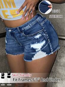 SHEIN PETITE CURVE Shorts pitillo de talla grande para mujer de jean azul elástico y desgarrado