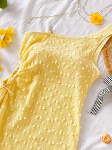 少女纯色不对称肩部抽绳休闲优雅夏装 - 彩色 - 查看 4