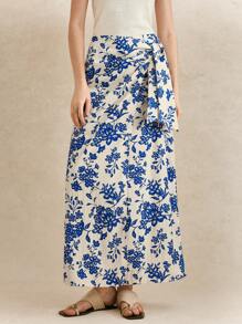 SHEIN Unity 女款镂空蓝白绿植物裹腰半身裙 - 藍白色 - 查看 1