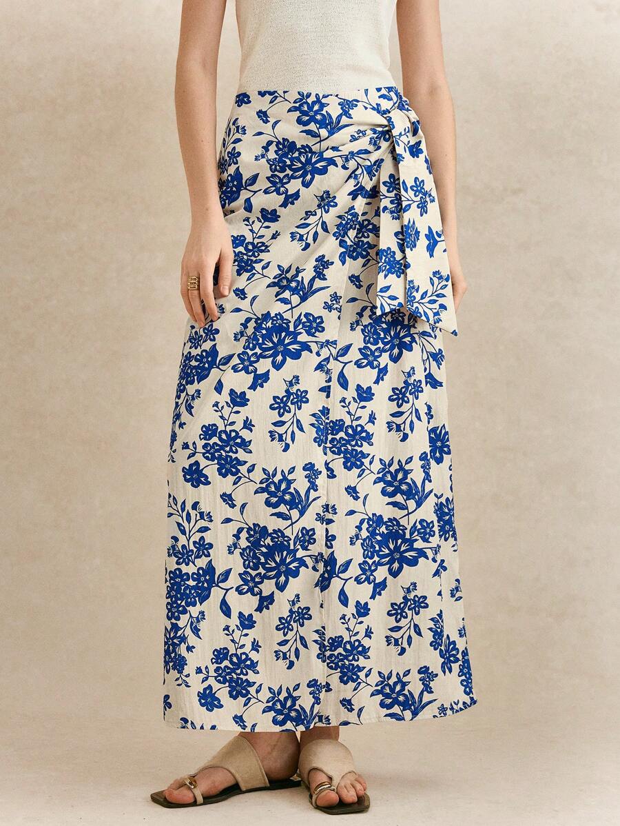 SHEIN Unity 女款镂空蓝白绿植物裹腰半身裙 - 藍白色 - 查看 1