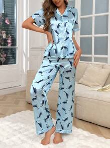 SHEIN Satin Whale Printed Lapel Short Sleeve Pajama Set - Baby Blue - View 5
