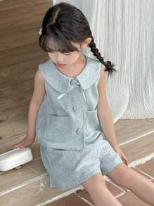 2pcs Sleeveless Bow Decor Blouse And Shorts Set For Young Girls - Baby Blue - View 1