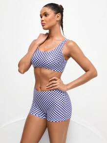 Swim Nautrix 女士两件套沙滩装 - 棋盘格印花高弹力分体泳衣，运动和户外活动泳装 - 藍白色 - 查看 4