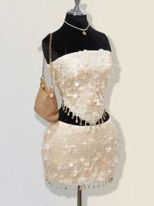 SHEIN ICON U型腰超低腰亮片贝壳流苏裙 - 杏色 - 查看 4