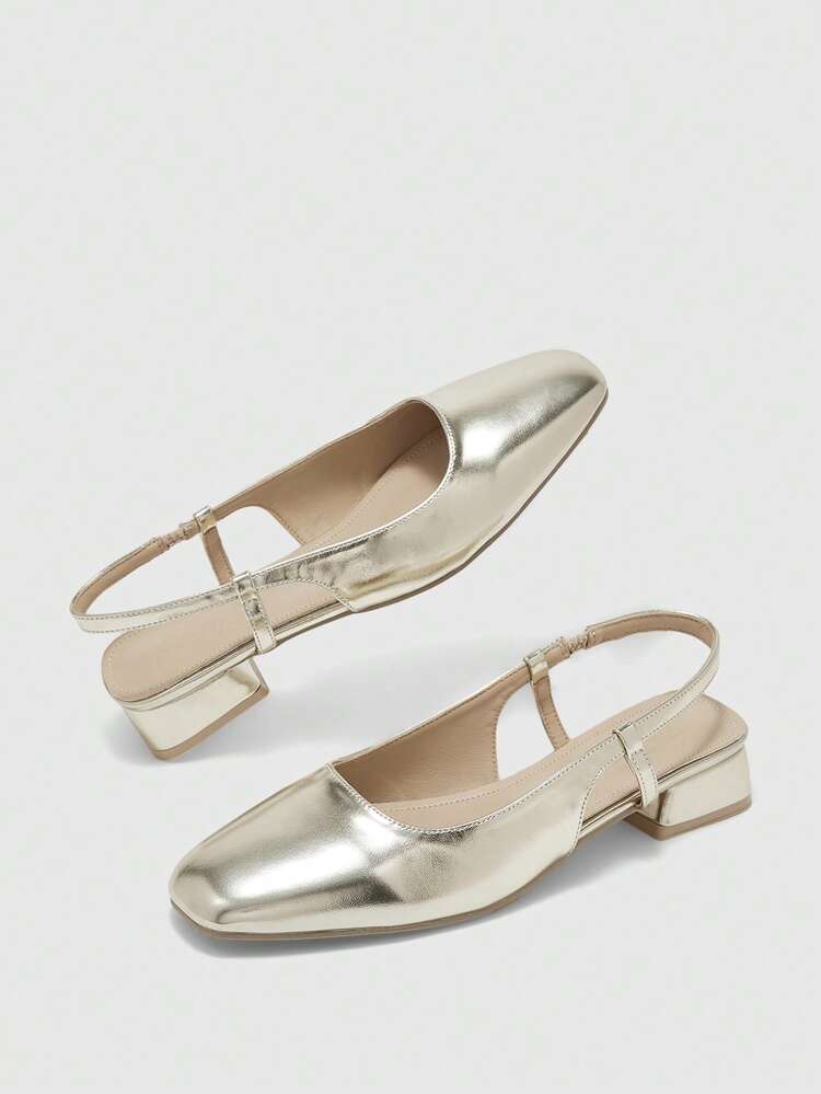 CUCCOO BIZCHIC Women's Round Toe Low Chunky Heel Gold Casual Comfortable All-Match Versatile Slingback Flats Loafers For Christmas Spring Shoes