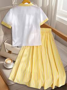 SHEIN PETITE 2件套短袖条纹Polo衫和高腰裙 - 黃色 - 查看 2
