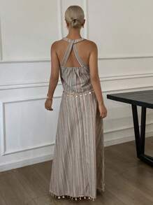 Livesso 夏季新款海滩度假装，条纹流苏波西米亚风格两件套女士