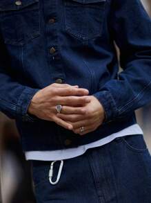 Musero 男士纽扣牛仔夹克，前袋细节设计，抽象拼接，春夏款 - 淺色水洗藍 - 查看 5