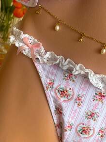 SHEIN MOD Lace Waist & Bow Decor Printed Beach Bottoms,Island Vacation,Tropical  ,Beach Vacation ,Hawaiian  Butter Yellow  Bottom - Multicolor - View 5