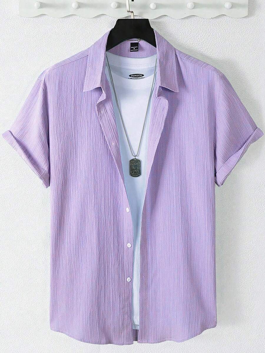 Manfinity Homme 男士夏季休闲纯色短袖衬衫男夏季衬衫男士衬衫夏季清凉衬衫男士短袖衬衫夏季男士衬衫 - 紫色 - 查看 1