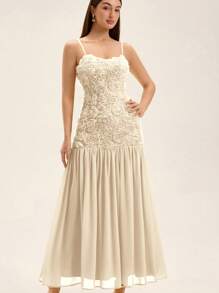 GENKIRA 优雅连衣裙，采用 3D 黄玫瑰纹理面料，修身腰部，拼色雪纺裙，浪漫百搭派对礼服 - 米色 - 查看 1