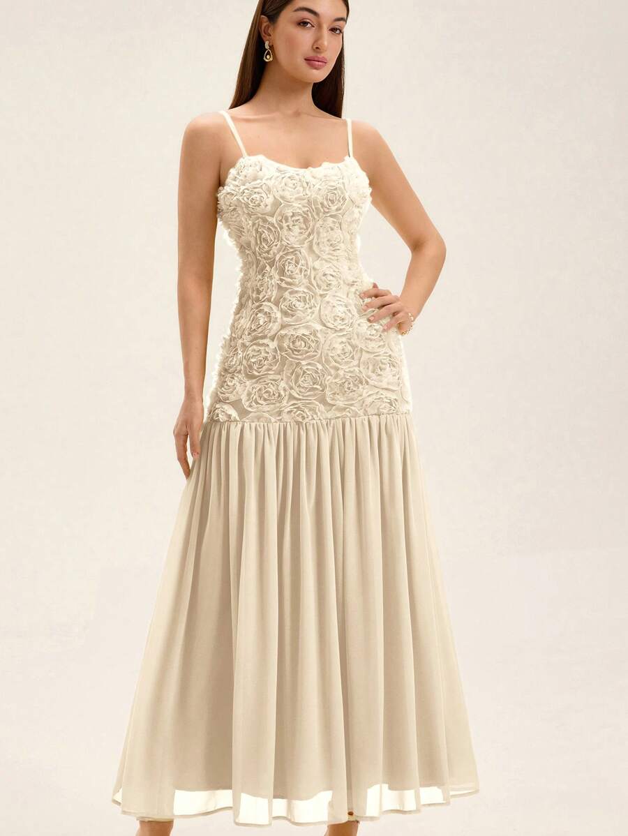 GENKIRA 优雅连衣裙，采用 3D 黄玫瑰纹理面料，修身腰部，拼色雪纺裙，浪漫百搭派对礼服 - 米色 - 查看 1