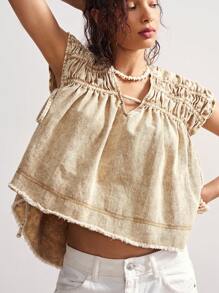 Bohemela Áo cánh rộng tay lửng dệt denim cổ chữ V giản dị cho nữ - màu nâu - Xem 4