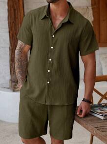 Manfinity Homme Plus Size Men's Solid Color Short Sleeve Shirt And Shorts Casual Set - Army Green - View 6