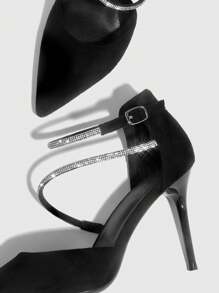 SHEIN X Lucía Bellido CUCCOO CHICEST 女士鞋水钻装饰尖头细高跟踝带仿麂皮黑色夏季鞋毕业高跟鞋舞会高跟鞋度假鞋夏季促销优雅高跟鞋返校鞋大学生鞋圣诞节秋季新年假期 - 黑色 - 查看 8