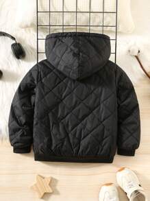 SHEIN Kurtka chłopięca z kapturem i pikowanym napisem, pluszowa podszewka, zamek błyskawiczny, kurtka chłopięca, jesień/zima