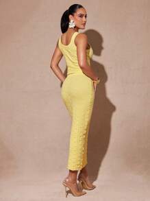 Silquee Elegant Solid Color Textured Knit Yellow Skirt, Summer,Vacation,Woman,Beach