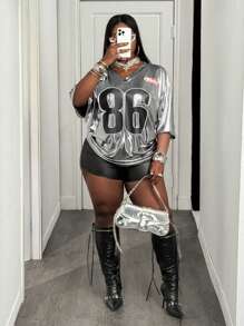 SHEIN CURVE+ Plus Size Women Spring/Summer Spoty Metallic Silver Jersey Club Number Print Tee, Suitable For Cheering , Ball Game, Date Nightsummer/Country/Beach Vacation Outfits/Beach Outfits/Beach Wear Metallic Jersey Y2k Jersey Oversized Jersey Jersey Dress Womens Jersey Silver Jersey Dress Womens Short Set Jerseys For Women