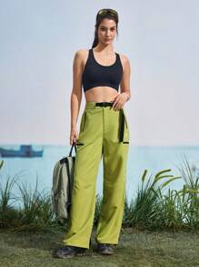 In My Nature 女士拉链口袋阔腿宽松休闲户外裤绿色阔腿裤女款阔腿裤登山裤工装裤 - 綠色 - 查看 6