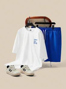 EASEVO Conjunto de camiseta de manga corta de cuello redondo holgada de punto y pantalones cortos talla grande para hombre