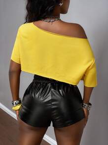 Slaydiva 2025 Spring/Summer New Bohemian Music Festival Easter Casual Everyday Personalized Street Fashion Party Sexy Sweet Cute Y2k Yellow Textured Sweatshirt Fabric Black English Letter Asymmetrical Asymmetrical Neck Short Sleeve Loose Cropped T-Shirt Top Paired With Low Waist Drawstring Waist White Pocket Decor Side Slit Bodycon Hotpants Super Short Shorts Women 2pcs Set - Multicolor - View 2