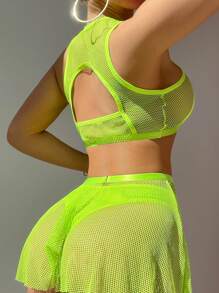 SHEIN 女士 7 件套荧光绿性感渔网短款上衣迷你裙套装，带胸罩和腿环，适合外出 - 螢光綠 - 查看 2