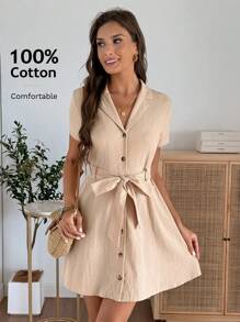 EMERY ROSE Váy cài nút phía trước màu trơn thường ngày cho nữ, phong cách nghỉ dưỡng - Màu Khaki - Xem 3