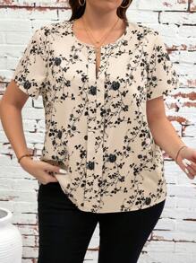 SHEIN Clasi Blusa de manga corta con estampado floral y cuello en V para mujer de talla grande, ideal para vacaciones - Champán - Ver 3