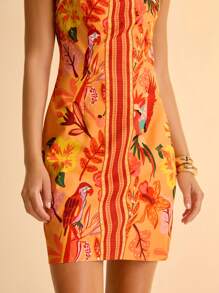 CAJUNI 女式彩色波西米亚风植物与鹦鹉印花度假休闲沙滩短裙，夏季