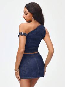 Jeanoix 女士不对称肩部短款牛仔上衣 - 深色水洗藍 - 查看 2